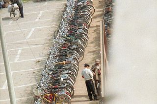 64 Kashgar Sunday Market 1993 Row Of Bicycles At Fruit And Vegetable Market From Tower.jpg